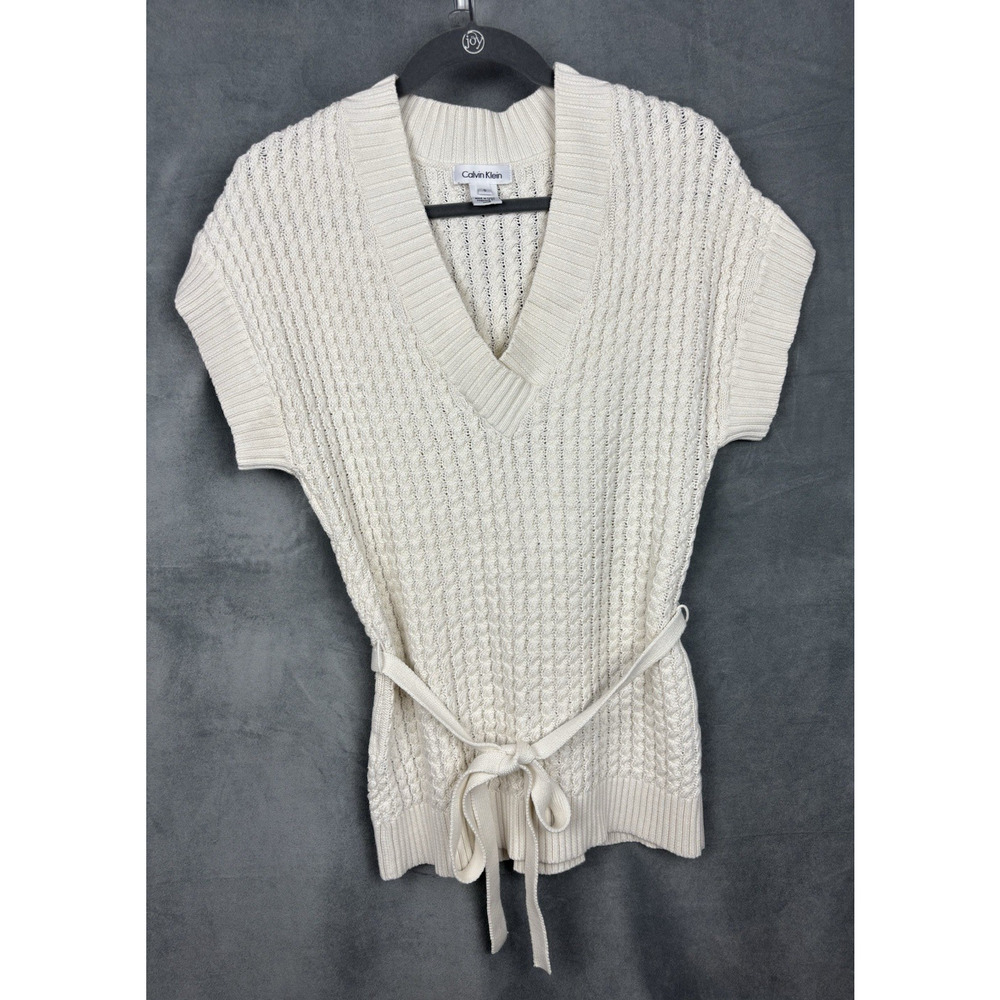 Calvin Klein Cable Knit Tunic Sweater Womens Small Cream Short Sleeve Belted